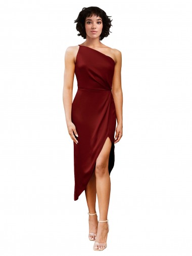 Best One Shoulder Cocktail Midi Length Short Formal Stretch Satin Wrap Style Bridesmaid Dress / Prom Dress Sydney