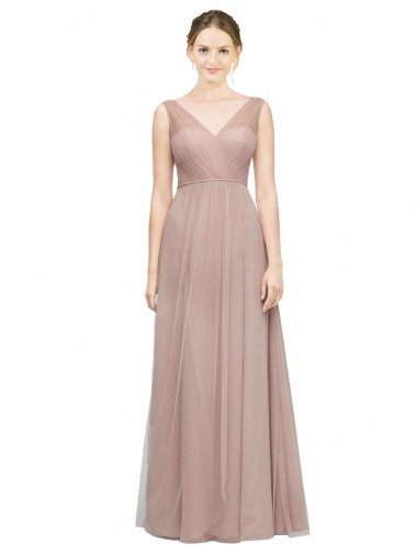 Best Full Length Draped Long V-Neck Tulle Bridesmaid Dress Sydney