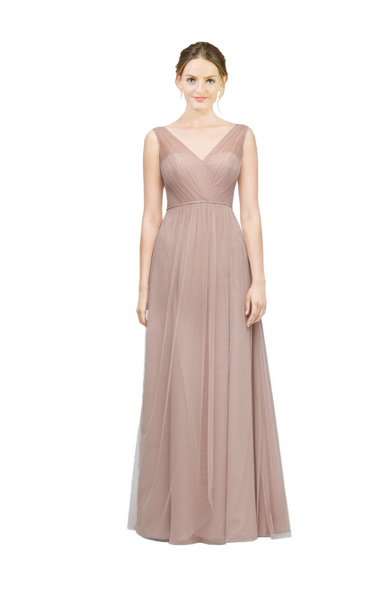 Best Full Length Draped Long V-Neck Tulle Bridesmaid Dress Sydney