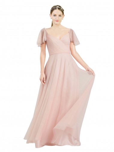 Best Long V-Neck Flutter Sleeves Tulle Bridesmaid Dress Sydney