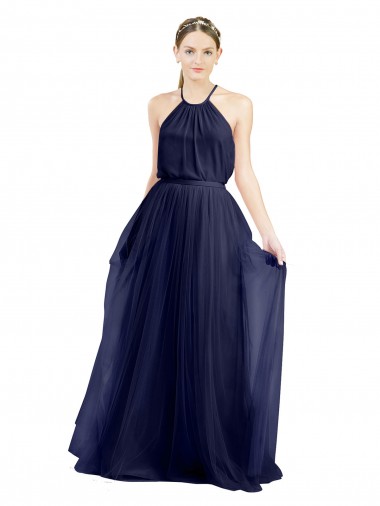 Best Long A-Line High Neck Halter Tulle Bridesmaid Dress Sydney