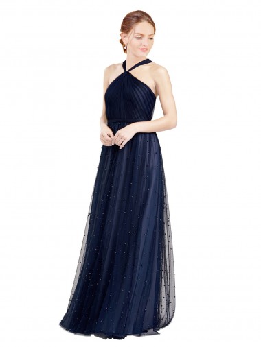Best Floor Length Long Halter Pleated Tulle Bridesmaid Dress Sydney