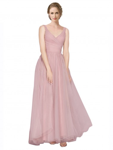 Best Long Floor Length Wide Strap Plunge Cross Over Neckline Tulle Bridesmaid Dress Sydney