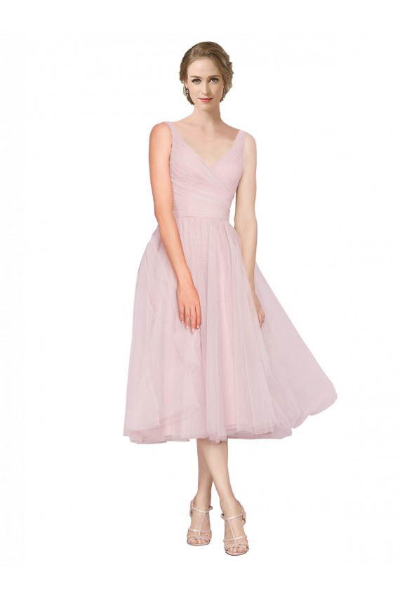 Best Short Tea Length Wide Strap Plunge Cross Over Neckline Tulle Cocktail Bridesmaid Dress Sydney