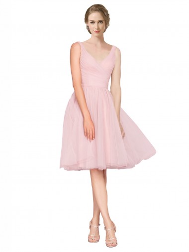 Best Short Knee Length Wide Strap Plunge Cross Over Neckline Tulle Cocktail Bridesmaid Dress Sydney