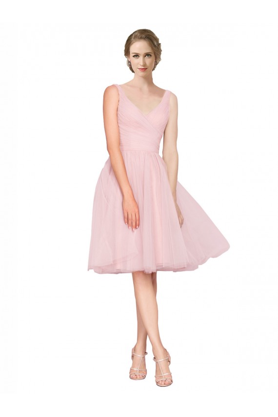 Best Short Knee Length Wide Strap Plunge Cross Over Neckline Tulle Cocktail Bridesmaid Dress Sydney