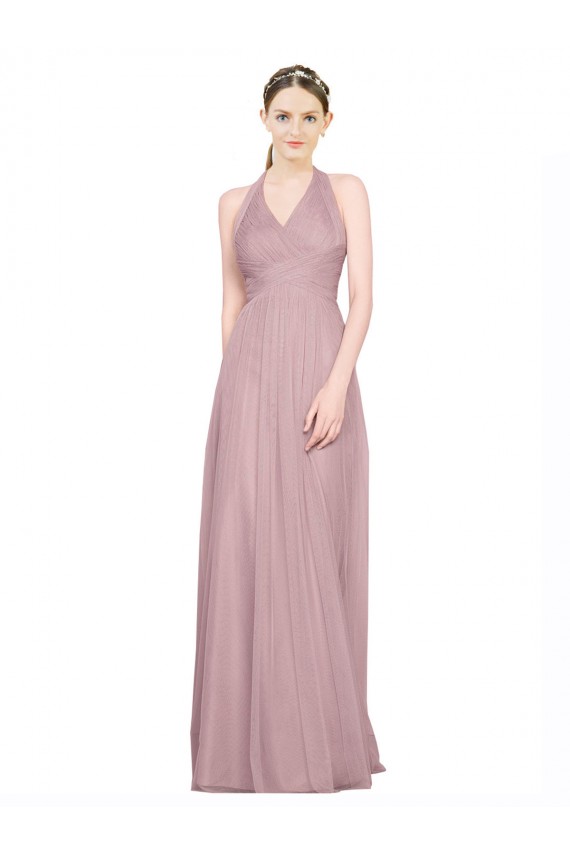 Best Ruffled Halter V-Neck Long Tulle Bridesmaid Dress with Pleats Sydney
