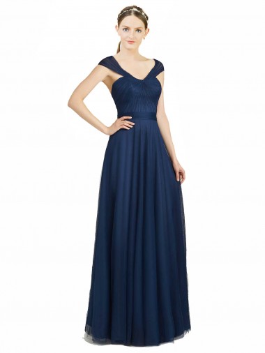Best Ruched Sweetheart Long A-Line Tulle Bridesmaid Dress with Wide Straps and Tie Back Sydney