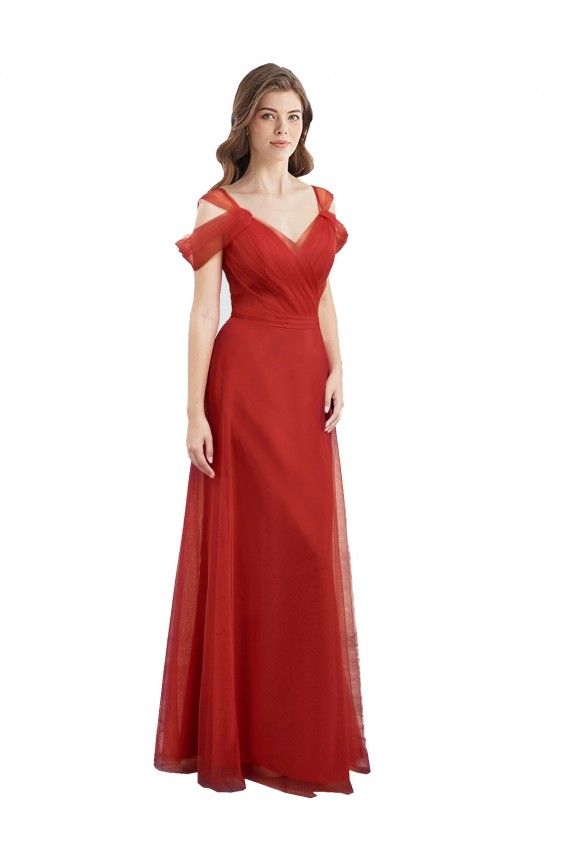 Best Cold Shoulder Pleated Wrap Tulle Bridesmaid Dress with Low V-Back Sydney