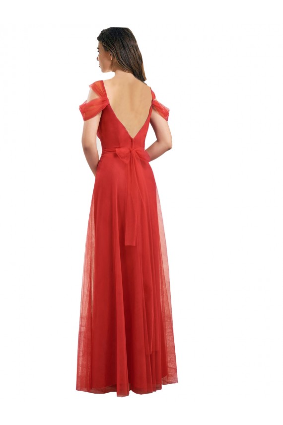 Best Cold Shoulder Pleated Wrap Tulle Bridesmaid Dress with Low V-Back Sydney