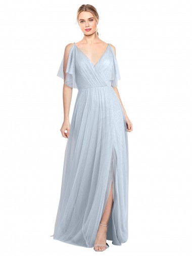 Best Floor Length Flutter Sleeves Long Tulle Bridesmaid Dress with Side Slit Sydney