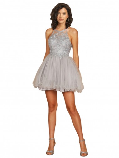 Best Halter Neckline Criss Cross Back Short Cocktail Dress with Beaded Lace Bodice Sydney