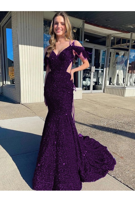 Best Cold Shoulder Sleeveless Long Court Train Velvet Sequin Prom Dress Sydney