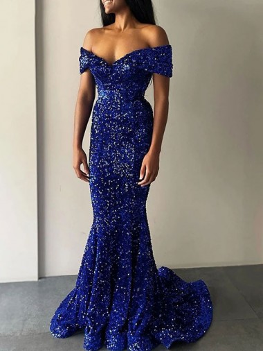 Best Mermaid Off the Shoulder Sleeveless Long Sweep Train Velvet Sequin Prom Dress Sydney