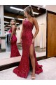 Best Mermaid One Shoulder Sleeveless Long Sweep Train Velvet Sequin Prom Dress with High Slit Sydney