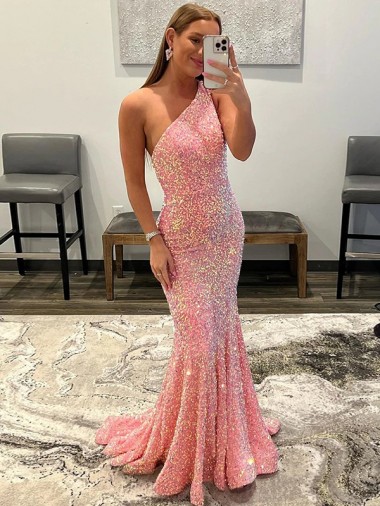 Best Open Back One Shoulder Sleeveless Long Sweep Train Velvet Sequin Prom Dress Sydney