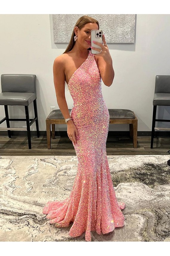 Best Open Back One Shoulder Sleeveless Long Sweep Train Velvet Sequin Prom Dress Sydney