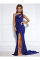 Best Mermaid One Shoulder Sleeveless Long Court Train Velvet Sequin Prom Dress with Slit Sydney