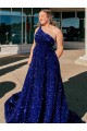 Best A-Line One Shoulder Sleeveless Long Sweep Train Velvet Sequin Prom Dress with Pockets Sydney