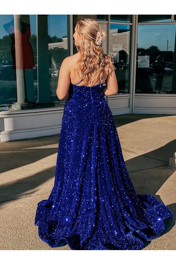 Best A-Line One Shoulder Sleeveless Long Sweep Train Velvet Sequin Prom Dress with Pockets Sydney