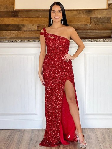 Best One Shoulder Sleeveless Long Sweep Train Velvet Sequin Prom Dress Sydney