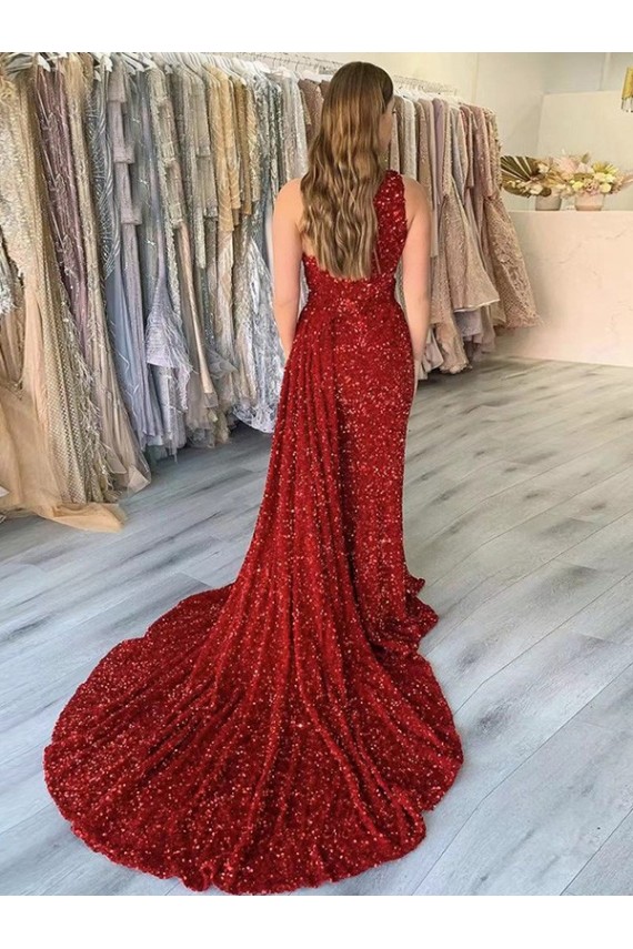 Best One Shoulder Sleeveless Long Court Train Velvet Sequin Prom Dress with Slit Sydney