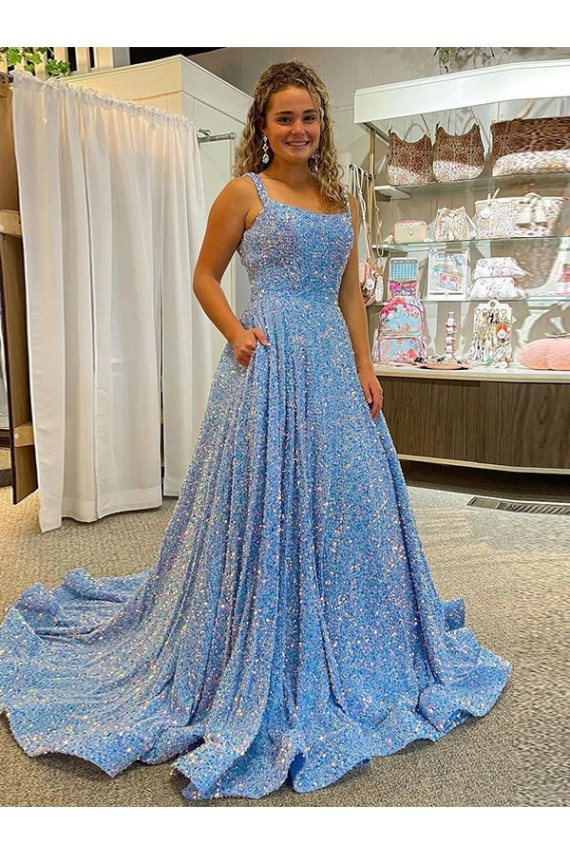 Best A-Line Scoop Sleeveless Long Court Train Velvet Sequin Prom Dress Sydney
