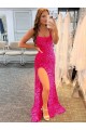 Best Spaghetti Straps Sleeveless Long Velvet Sequin Prom Dress with Slit and Criss Cross Open Back Sydney