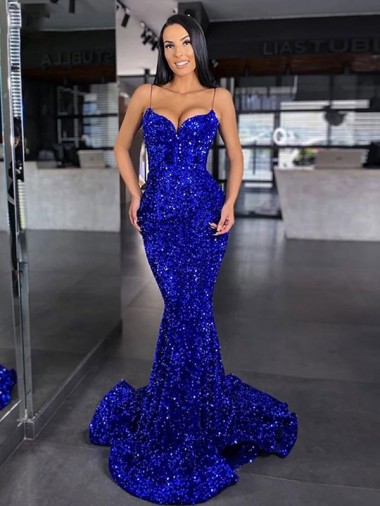Best Mermaid Spaghetti Straps Sleeveless Long Sweep Train Velvet Sequin Prom Dress Sydney