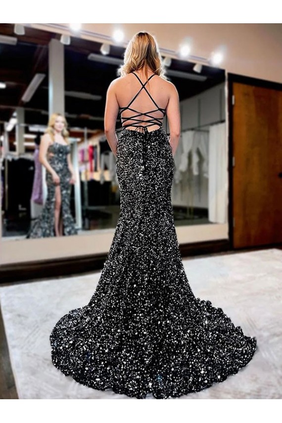Best Spaghetti Straps Sleeveless Long Sweep Train Velvet Sequin Prom Dress Sydney