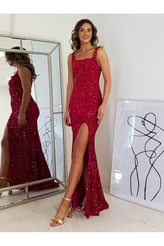 Best Square Neck Sleeveless Long Velvet Sequin Prom Dress with Slit Sydney