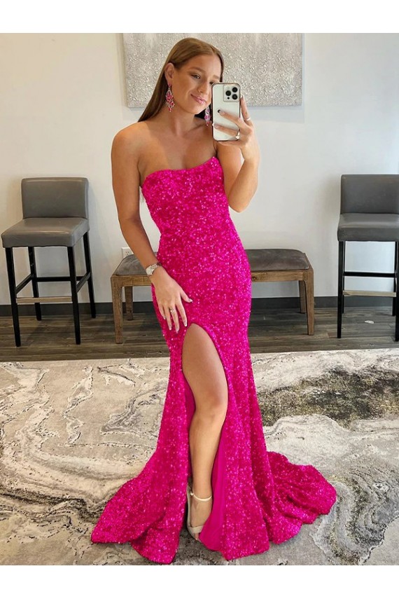 Best Strapless Sleeveless Long Sweep Train Velvet Sequin Prom Dress with Side Slit Sydney