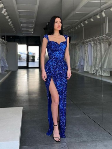 Best Sleeveless Long Sweep Train Velvet Sequin Prom Dress with High Slit and Straps Sydney
