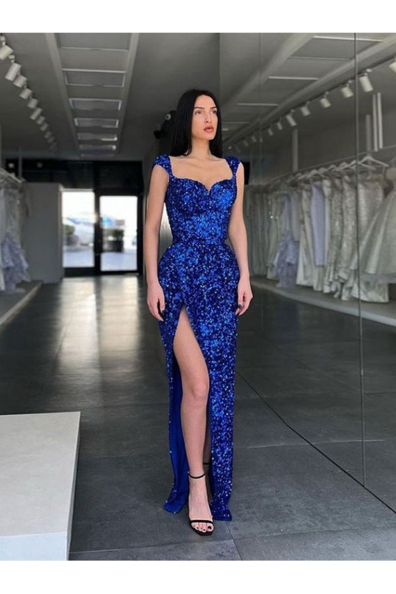 Best Sleeveless Long Sweep Train Velvet Sequin Prom Dress with High Slit and Straps Sydney