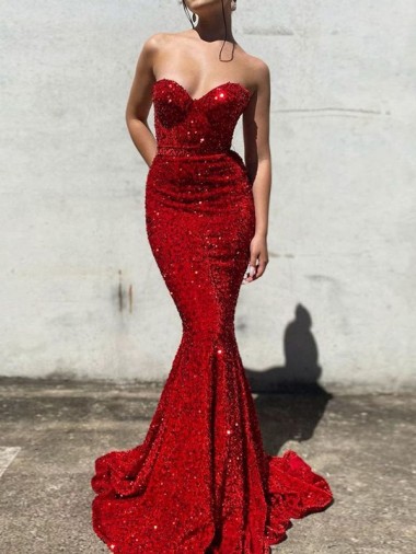 Best Mermaid Sweetheart Sleeveless Long Court Train Velvet Sequin Prom Dress Sydney