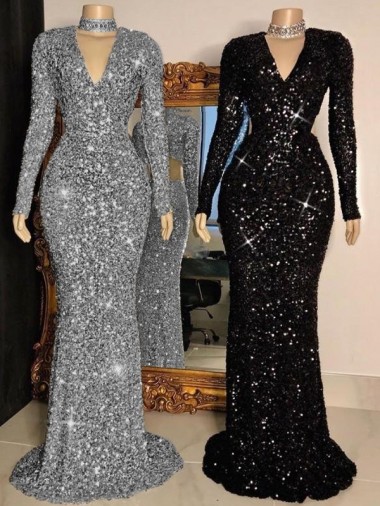 Best V-Neck Long Sleeves Long Sweep Train Velvet Sequin Prom Dress Sydney