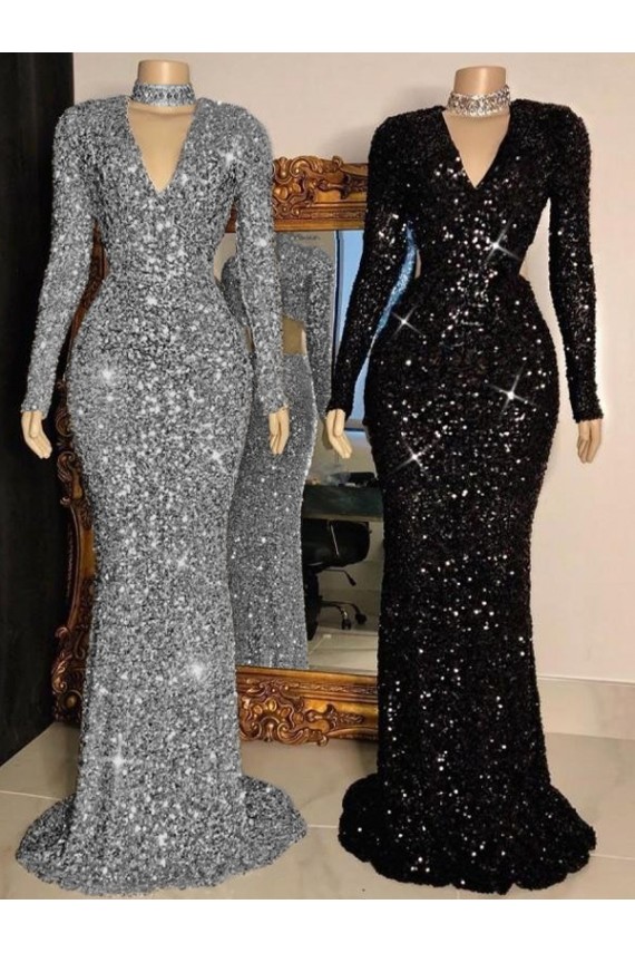 Best V-Neck Long Sleeves Long Sweep Train Velvet Sequin Prom Dress Sydney