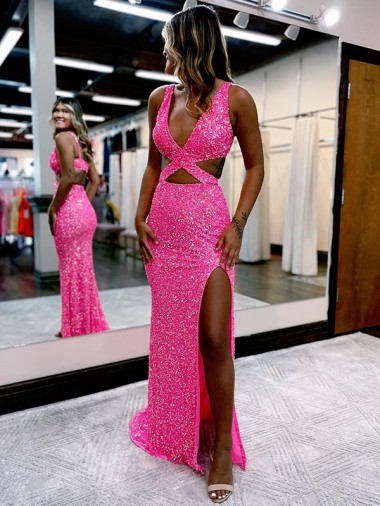 Best Long V-Neck Sleeveless Sweep Train Velvet Sequin Prom Dress with High Slit Sydney
