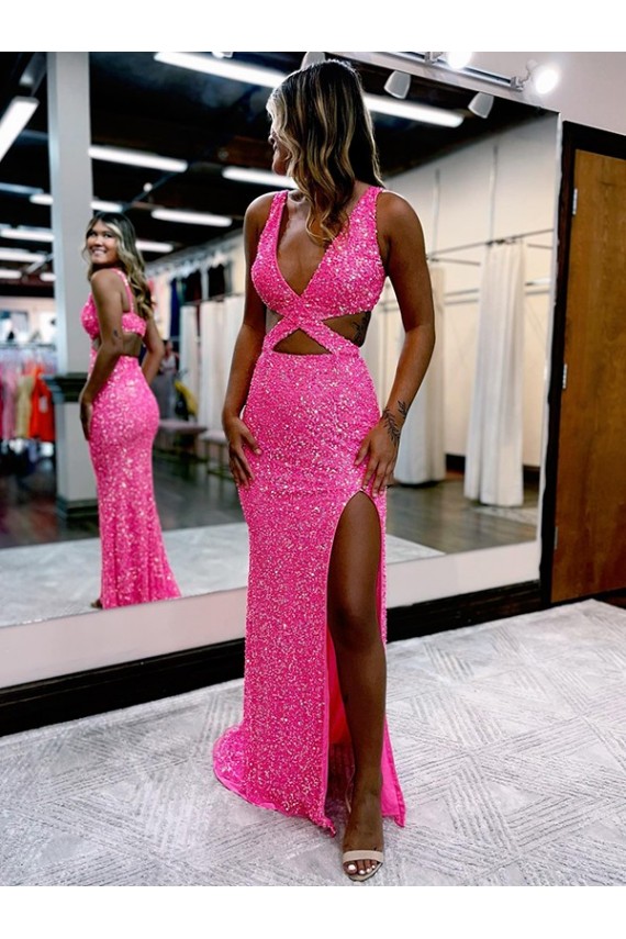 Best Long V-Neck Sleeveless Sweep Train Velvet Sequin Prom Dress with High Slit Sydney