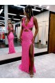 Best Long V-Neck Sleeveless Sweep Train Velvet Sequin Prom Dress with High Slit Sydney