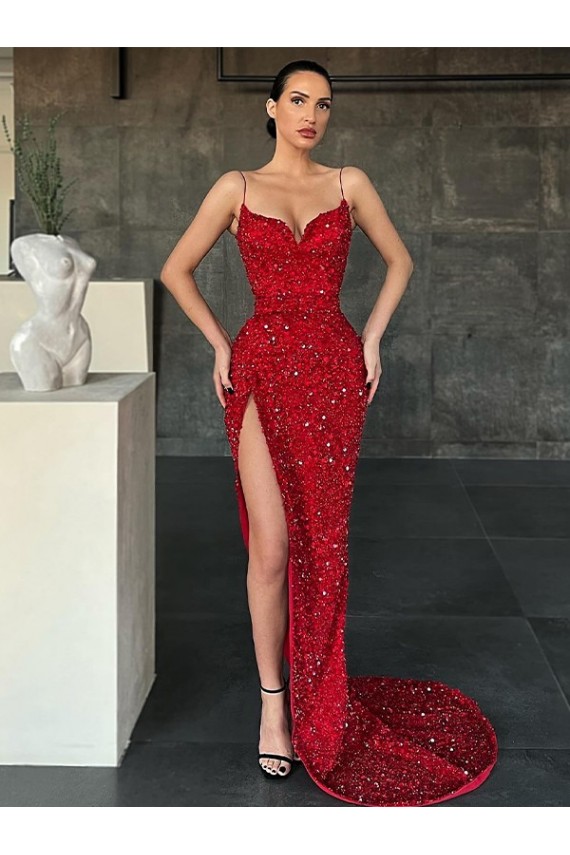 Best V-Neck Sleeveless Long Sweep Train Velvet Sequin Prom Dress with High Side Slit Sydney