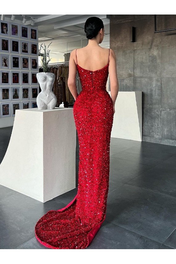 Best V-Neck Sleeveless Long Sweep Train Velvet Sequin Prom Dress with High Side Slit Sydney