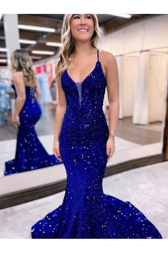 Best Mermaid V-Neck Sleeveless Long Court Train Velvet Sequin Prom Dress Sydney