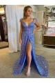 Best A-Line V-Neck Sleeveless Long Court Train Velvet Sequin Prom Dress with High Slit Sydney