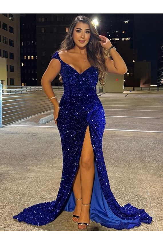 Best V-Neck Sleeveless Long Sweep Train Velvet Sequin Prom Dress with Slit Sydney