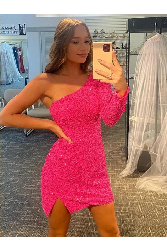 Best Short Velvet Sequin One Shoulder Long Sleeves Homecoming Dress / Prom Dress Sydney
