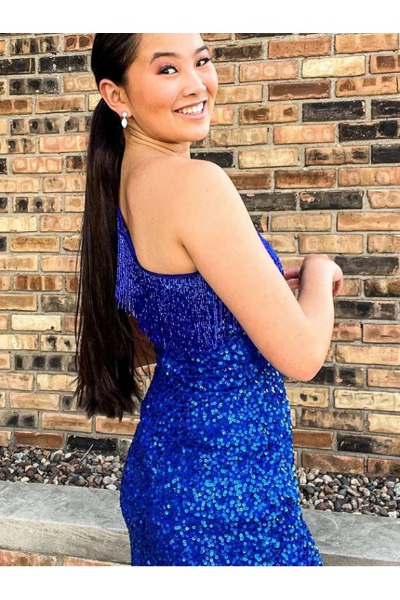 Best One Shoulder Sleeveless Short Velvet Sequin Royal Blue Homecoming Dress / Prom Dress Sydney