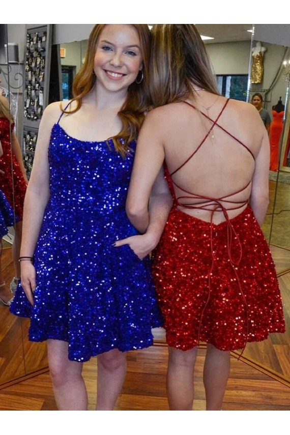 Best A-Line Spaghetti Straps Sleeveless Short Velvet Sequin Homecoming Dress / Prom Dress Sydney