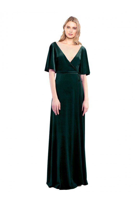 Best Deep V-Neck Flutter Sleeves Long Velvet Wrap Bridesmaid Dress / Prom Dress Sydney