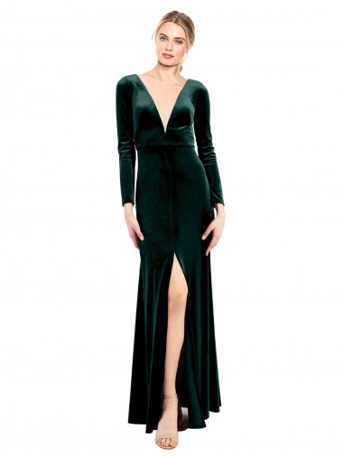 Best Plunging V-Neckline Long Sleeves Open Back Velvet Bridesmaid Dress / Prom Dress Sydney